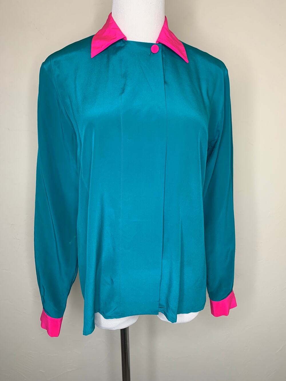 Evan Picone Silk Blouse Colorblock Teal Pink Sz 4